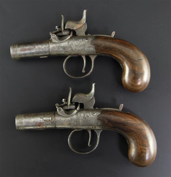 A pair of early 19th century boxlock percussion cap pistols, 6in.